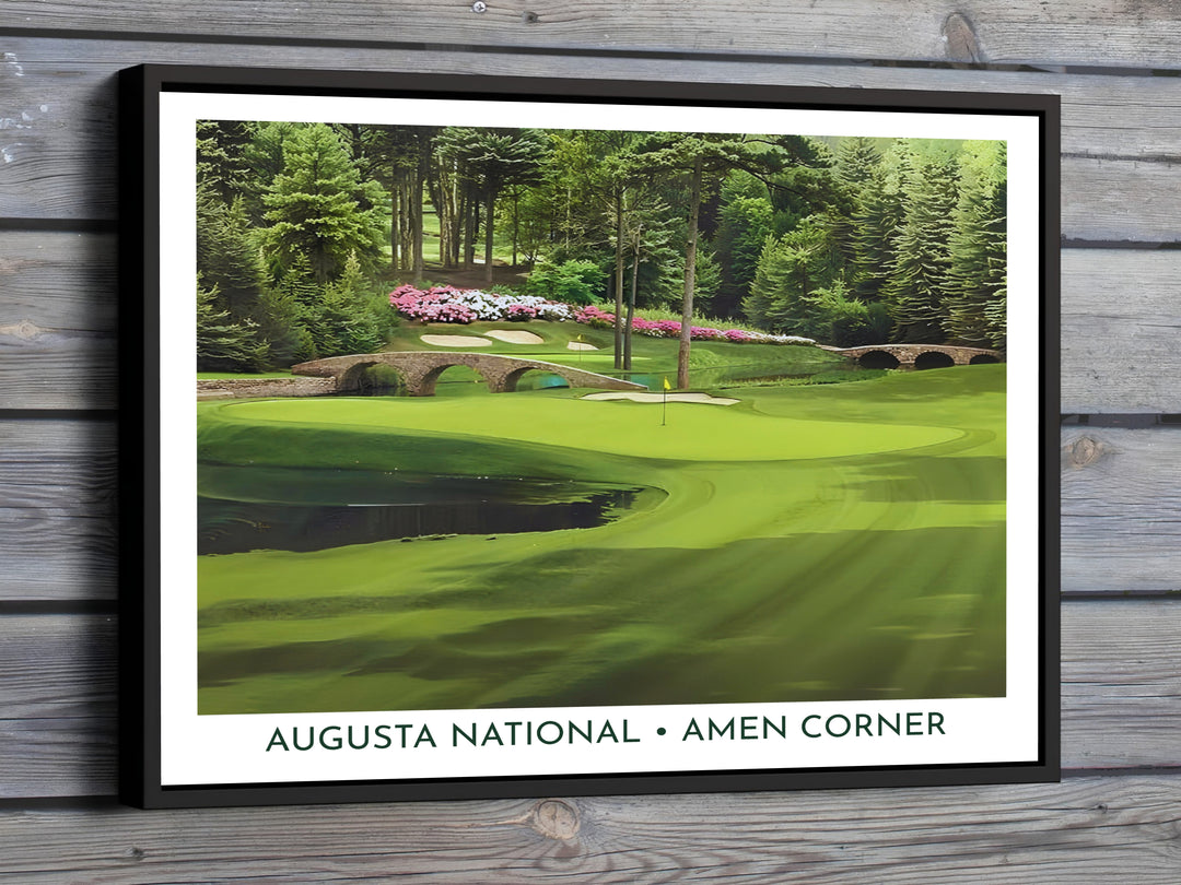 Augusta Georgia golf photo print depicting the scenic 12th hole Golden Bell green at Amen Corner with the Hogan Bridge and Nelson Bridge crossing Rae&
