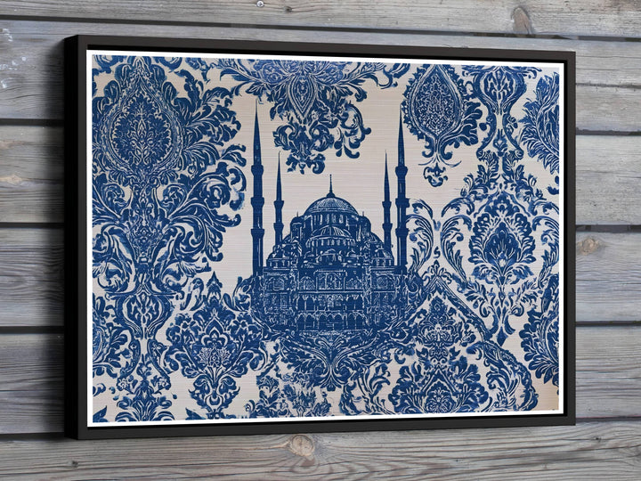 Cobalt blue damask pattern art print featuring Istanbul Blue Mosque silhouette and Ottoman tile motifs. Offered by MapYourDreams, this artwork is available in flexible options including unframed paper, custom wooden frames, and gallery canvas wraps for room decor.