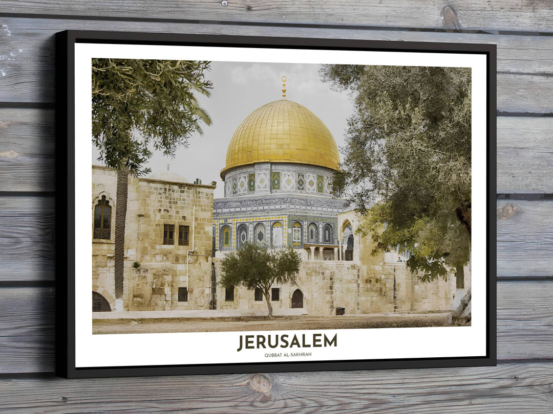 Travel photography print of Dome of the Rock in Jerusalem framed by ancient olive trees and stone walls. Offered by MapYourDreams, this artwork is available in flexible options including unframed paper, custom wooden frames, and gallery canvas wraps for room decor.