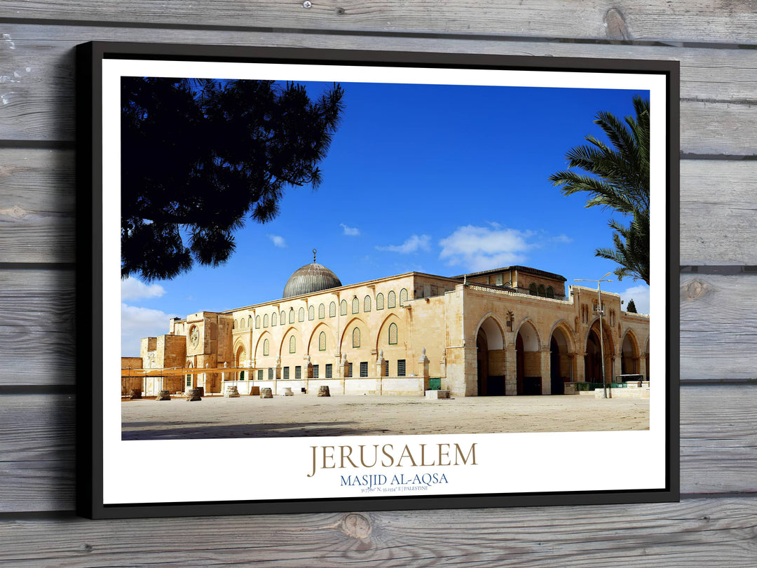 High definition landscape photography art print of Al Aqsa Mosque in Jerusalem Palestine under a clear blue sky with golden stone arcades. Offered by MapYourDreams, this artwork is available in flexible options including unframed paper, custom wooden frames, and gallery canvas wraps for room decor.