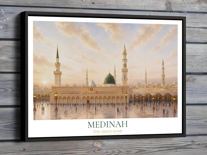 Panoramic landscape photography art print of Al Masjid an Nabawi in Madinah Saudi Arabia at sunrise featuring the Green Dome and marble courtyard. Offered by MapYourDreams, this artwork is available in flexible options including unframed paper, custom wooden frames, and gallery canvas wraps for room decor.