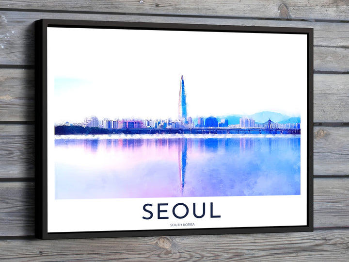 Luminous panoramic cityscape art print displaying the Lotte World Tower and its pastel reflection in the Han River in Seoul, South Korea, presented by MapYourDreams in flexible options including unframed paper, custom wooden frames, and gallery canvas wraps to elevate your living room wall decor.