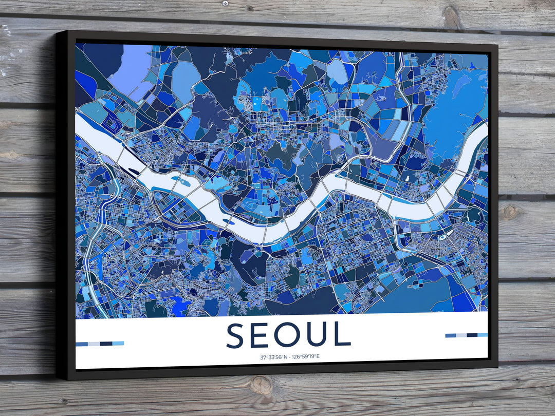Abstract blue mosaic city map art print displaying the urban grid and Han River in Seoul, South Korea, offered by MapYourDreams in flexible options including unframed paper, custom wooden frames, and gallery canvas wraps to effortlessly elevate your modern home decor.