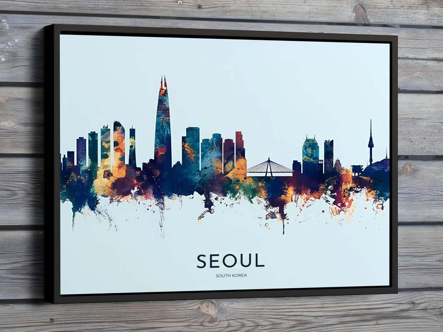 Vibrant watercolor skyline art print displaying the silhouettes of Lotte World Tower and N Seoul Tower in Seoul South Korea, offered by MapYourDreams in flexible options including unframed paper, custom wooden frames, and gallery canvas wraps to elevate your living room wall decor.