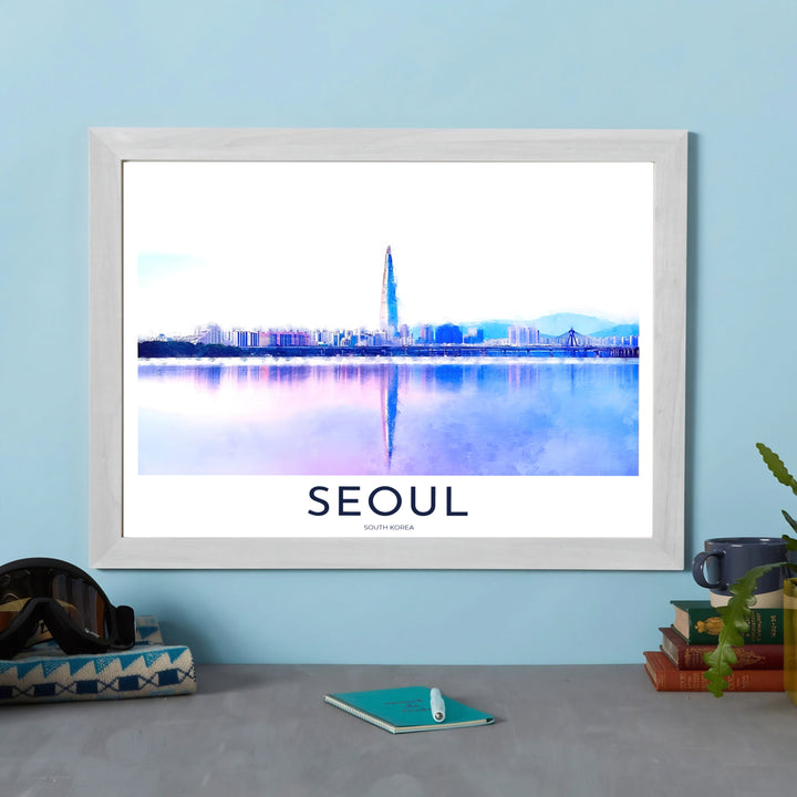 Panoramic travel wall art showcasing the soft pastel skyline of Seoul South Korea reflected over the peaceful Han River, created by MapYourDreams across options like archival unframed prints, solid frames, and canvas wraps that bring sophisticated aesthetic charm to your walls.