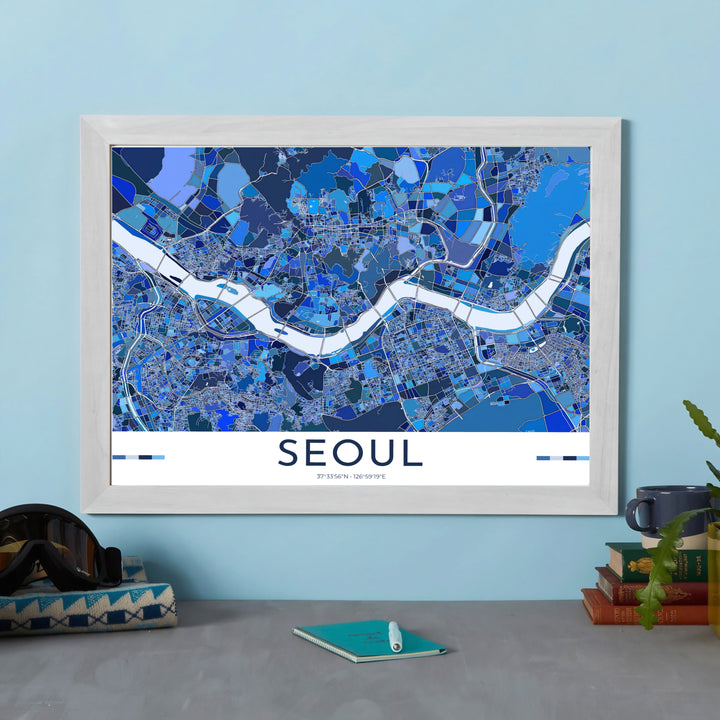 Abstract ocean blue cartography poster showing the urban streets and coordinates of Seoul, South Korea, crafted by MapYourDreams in versatile forms including unframed matte paper, wooden frames, and gallery canvas formats engineered for high-durability and rich visual contrast.