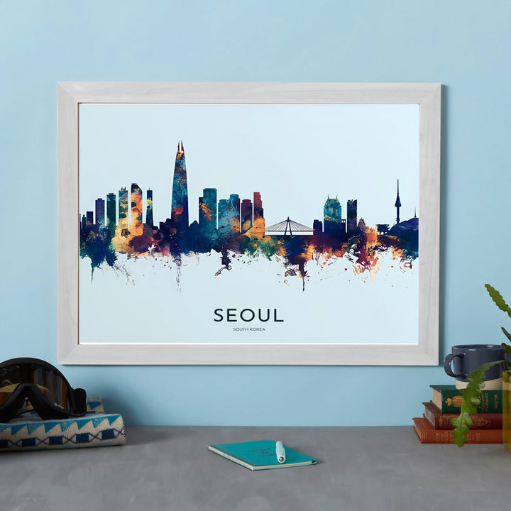 Horizontal blue and amber skyline poster featuring Lotte World Tower and modern skyscrapers in South Korea, brought to you by MapYourDreams in flexible display options such as unframed prints, ready-to-hang frames, and wrapped canvas ideal for living rooms or executive offices.