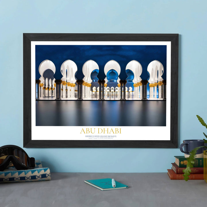Symmetrical Islamic archways and courtyard reflection of Sheikh Zayed Mosque in Abu Dhabi. Available from MapYourDreams, this artwork comes in adaptable options like unframed fine art paper, custom hand built framed styles, and premium stretched canvas wraps for your wall decor needs.