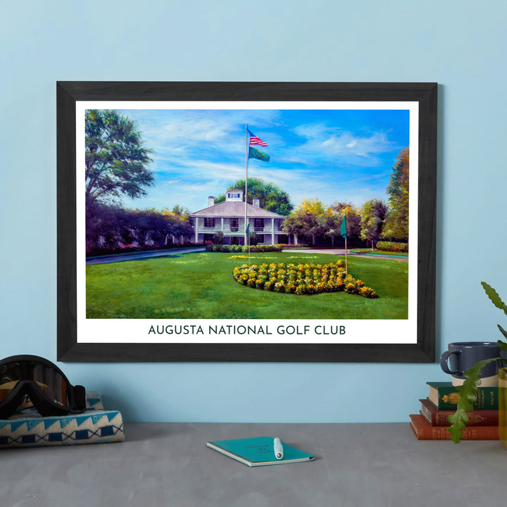 Classical southern antebellum architecture featured on an Augusta National poster displaying the cupola, wide balconies, and manicured entrance lawn. Offered by MapYourDreams, this artwork is available in flexible options including unframed paper, custom wooden frames, and gallery canvas wraps for tailored home wall decor setups.