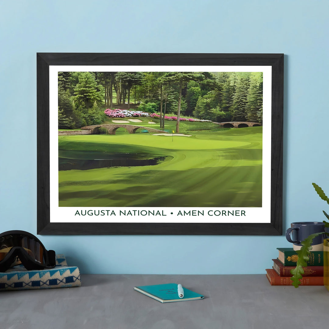 Wide-angle golf photo print of Augusta Georgia displaying sunlight filtering through pine canopies onto the serene 12th fairway and creek waters. Offered by MapYourDreams, this artwork is available in flexible options including unframed paper, custom wooden frames, and gallery canvas wraps for tailored home wall decor setups.