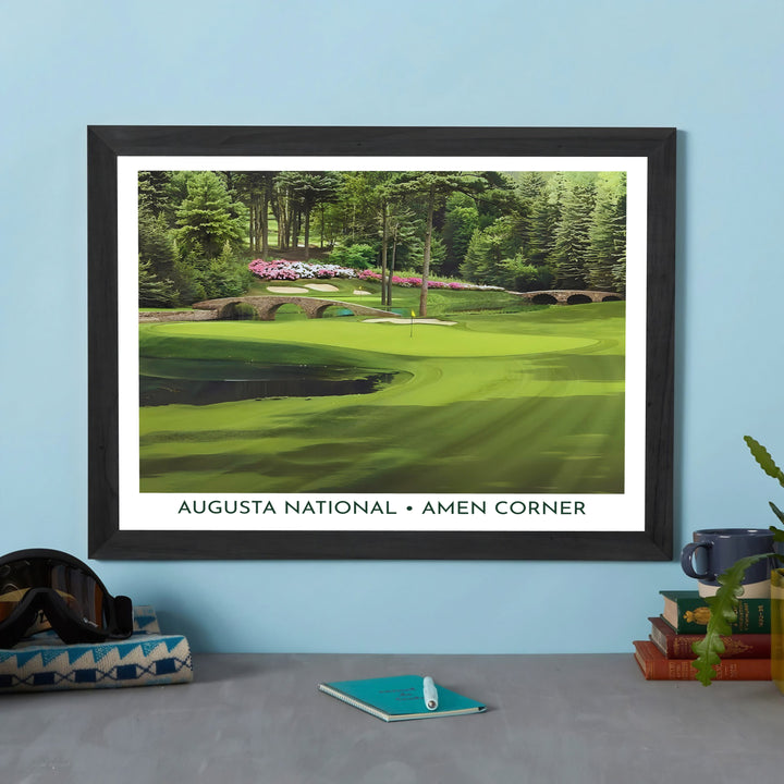 Wide-angle golf photo print of Augusta Georgia displaying sunlight filtering through pine canopies onto the serene 12th fairway and creek waters. Offered by MapYourDreams, this artwork is available in flexible options including unframed paper, custom wooden frames, and gallery canvas wraps for tailored home wall decor setups.