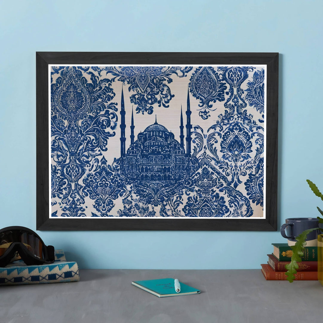 Elegant Ottoman textile art print of Istanbul Turkey Blue Mosque surrounded by ornate blue damask flowers. Created by MapYourDreams, this artwork is available in flexible options including unframed paper, custom wooden frames, and gallery canvas wraps for bedroom wall art.