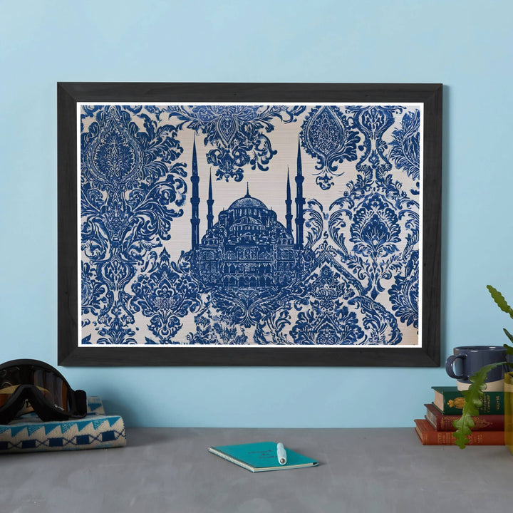 Elegant Ottoman textile art print of Istanbul Turkey Blue Mosque surrounded by ornate blue damask flowers. Created by MapYourDreams, this artwork is available in flexible options including unframed paper, custom wooden frames, and gallery canvas wraps for bedroom wall art.