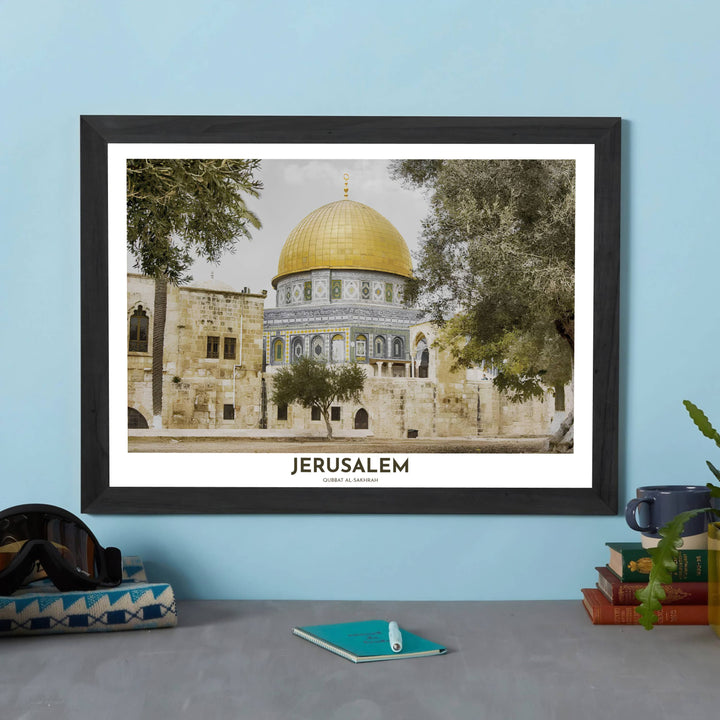 Fine art photography print of Jerusalem Dome of the Rock printed on premium 220gsm professional matte archival paper. Distributed by MapYourDreams, this artwork is available in flexible options including unframed paper, custom wooden frames, and gallery canvas wraps for stylish wall decor.