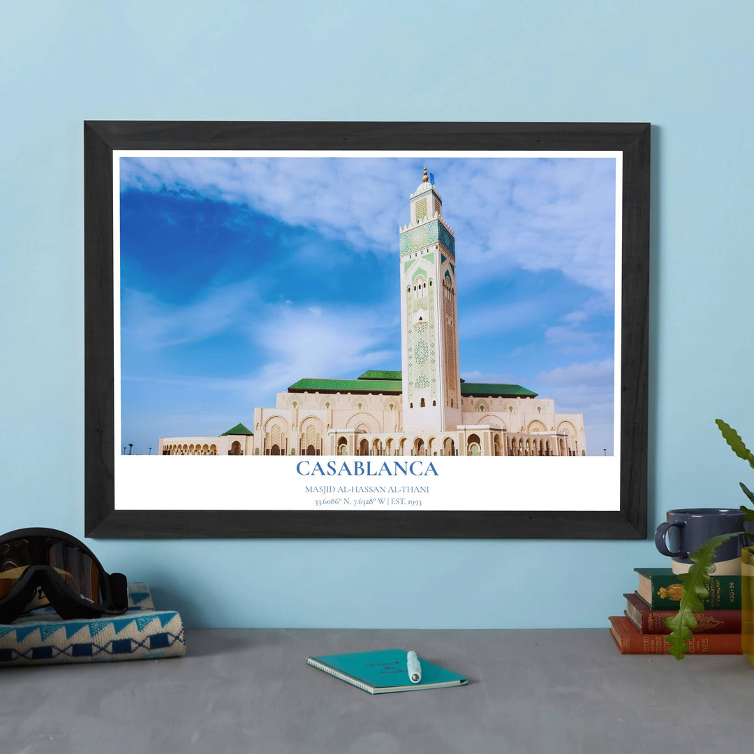 Elegant Morocco travel poster showing Hassan II Mosque seaside architecture with green zellij tile details and sandstone walls. Created by MapYourDreams, this artwork is available in flexible options including unframed paper, custom wooden frames, and gallery canvas wraps for bedroom wall art.
