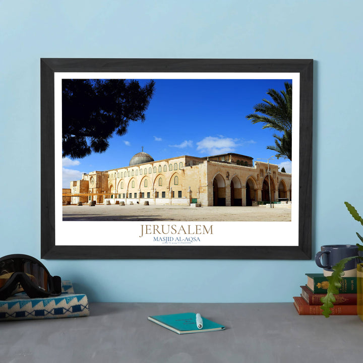 Fine art photography print of Jerusalem Al Aqsa Mosque printed on premium 220gsm professional matte archival paper stock. Distributed by MapYourDreams, this artwork is available in flexible options including unframed paper, custom wooden frames, and gallery canvas wraps for stylish wall decor.