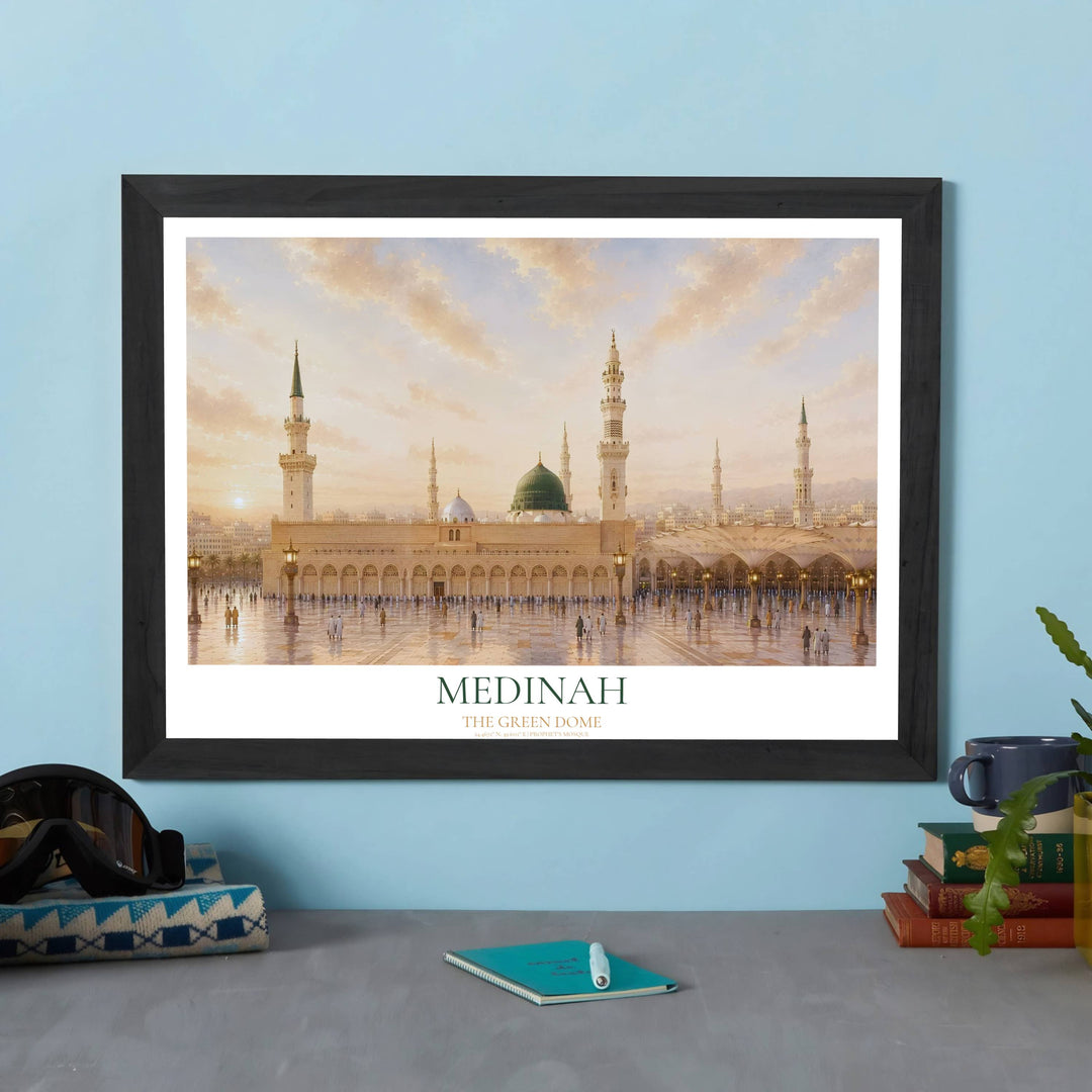 Elegant Saudi Arabia travel poster showing the Prophet Mosque Green Dome and surrounding minarets in soft dawn blush and gold tones. Created by MapYourDreams, this artwork is available in flexible options including unframed paper, custom wooden frames, and gallery canvas wraps for bedroom wall art.
