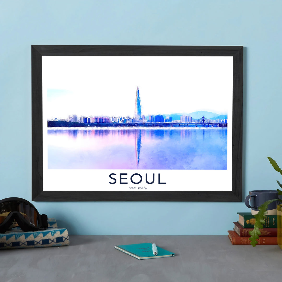 Impressionistic cityscape art print showing Lotte World Tower and Han River bridges in Seoul, South Korea, crafted by MapYourDreams in versatile forms including unframed matte paper, wooden frames, and gallery canvas formats engineered for high durability and vibrant color.