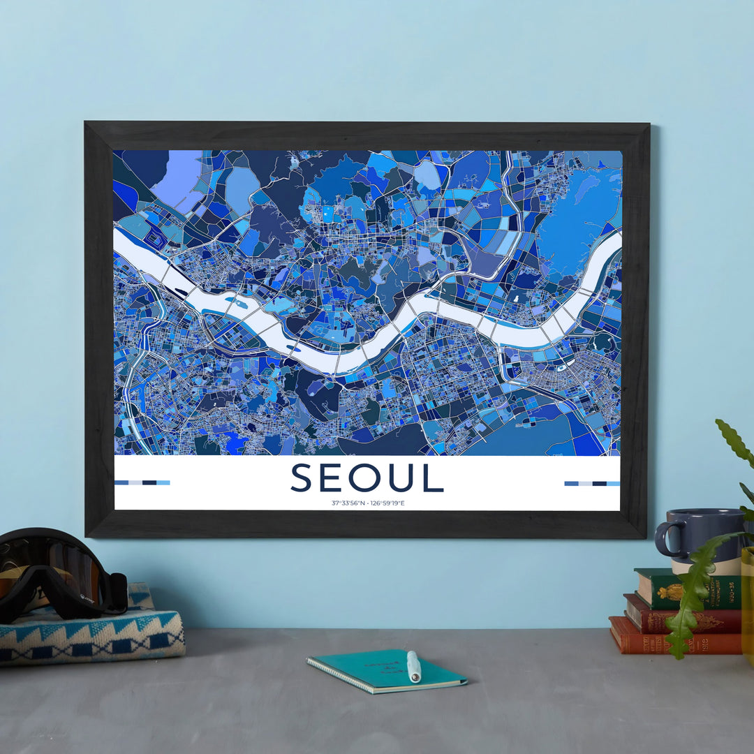 Minimalist blue geometric map decor print capturing the iconic cityscape layout of Seoul, South Korea, brought to you by MapYourDreams in flexible display options such as unframed prints, ready-to-hang frames, and wrapped canvas ideal for bedrooms or office spaces.