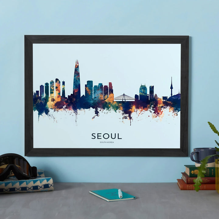 Detailed watercolor city art print illustrating the architectural silhouette and bridge landmarks of Seoul South Korea, designed by MapYourDreams in customizable choices including unframed archival paper, metallic gold frames, and canvas wraps that effortlessly suit contemporary decor themes.