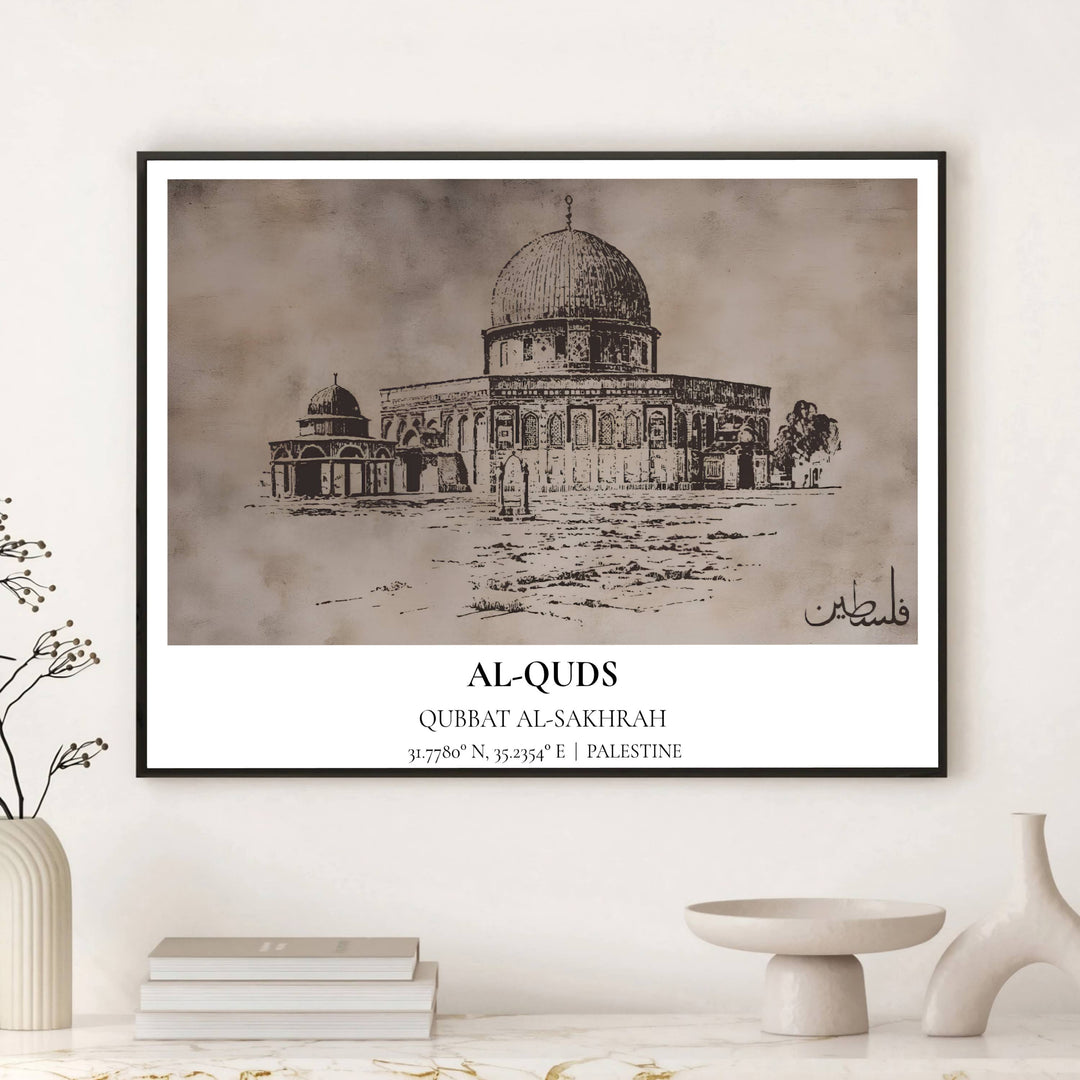 Antique line art sketch poster of Dome of the Rock in Al Quds Jerusalem printed on premium matte archival paper stock. Distributed by MapYourDreams, this artwork is available in flexible options including unframed paper, custom wooden frames, and gallery canvas wraps for stylish wall decor.