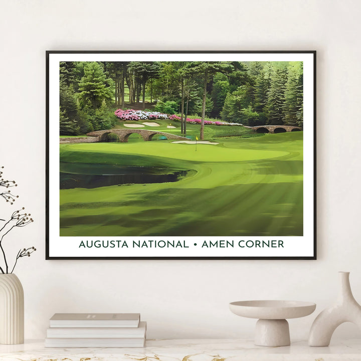 Landscape golf decor poster of Augusta Georgia showing pristine turf, white sand bunkers, stone masonry bridges, and blooming pink flora. Offered by MapYourDreams, this artwork is available in flexible options including unframed paper, custom wooden frames, and gallery canvas wraps for tailored home wall decor setups.