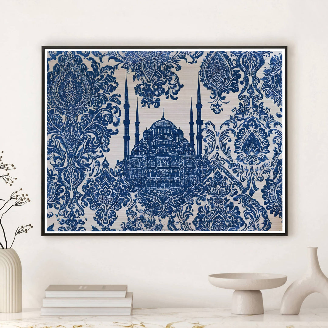 Vintage damask tile poster of Istanbul Blue Mosque printed on premium matte archival paper stock. Distributed by MapYourDreams, this artwork is available in flexible options including unframed paper, custom wooden frames, and gallery canvas wraps for stylish wall decor.
