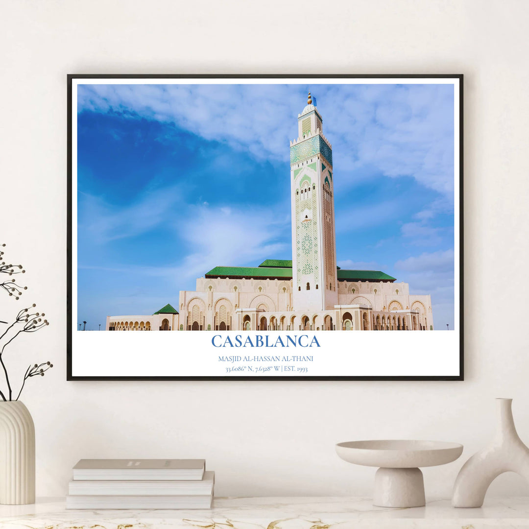 Fine art travel photograph of Casablanca Hassan II Mosque printed on premium 220gsm professional matte archival paper stock. Distributed by MapYourDreams, this artwork is available in flexible options including unframed paper, custom wooden frames, and gallery canvas wraps for stylish wall decor.