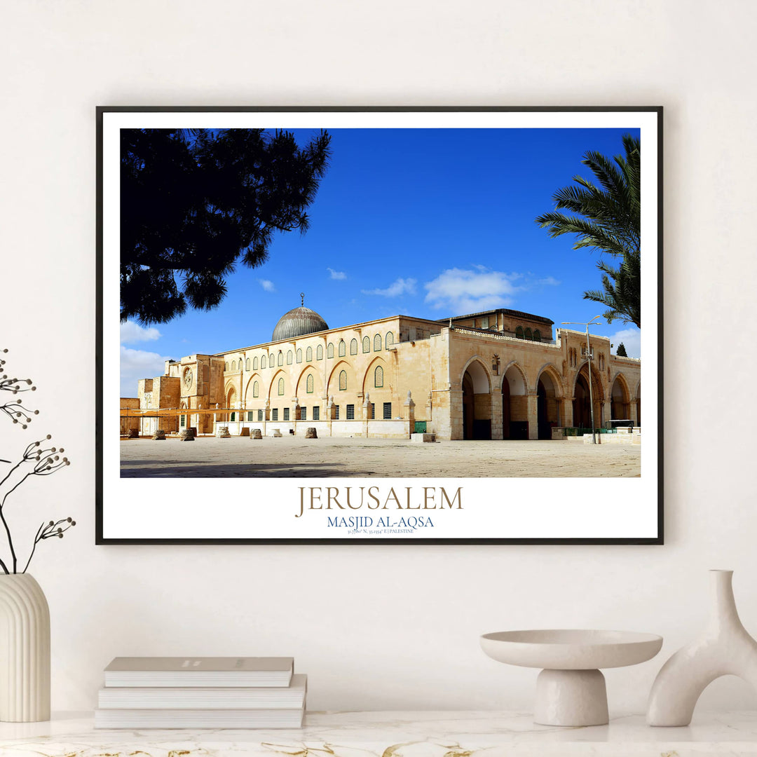Golden sandstone and azure blue sky photo poster of Al Aqsa Mosque in Palestine under crisp afternoon sunlight. Published by MapYourDreams, this artwork is available in flexible options including unframed paper, custom wooden frames, and gallery canvas wraps for fine art display.