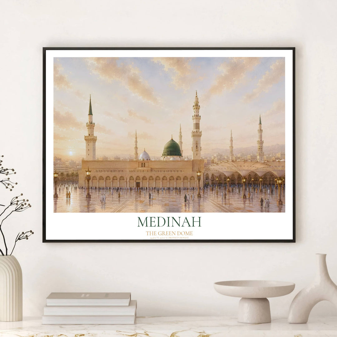 High definition photo print of the Prophet Mosque in Madinah at golden dawn showing giant retractable umbrellas and soaring minarets. Crafted by MapYourDreams, this artwork is available in flexible options including unframed paper, custom wooden frames, and gallery canvas wraps to suit your wall decor.