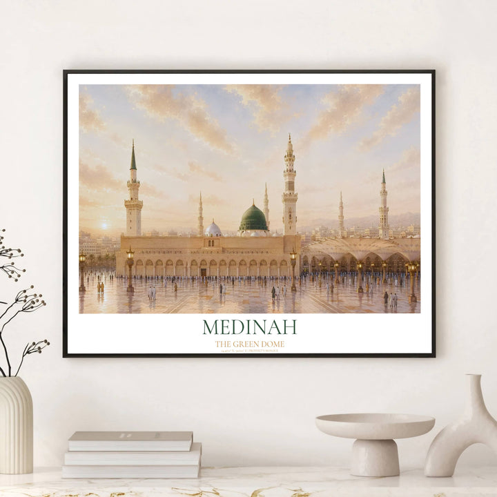High definition photo print of the Prophet Mosque in Madinah at golden dawn showing giant retractable umbrellas and soaring minarets. Crafted by MapYourDreams, this artwork is available in flexible options including unframed paper, custom wooden frames, and gallery canvas wraps to suit your wall decor.