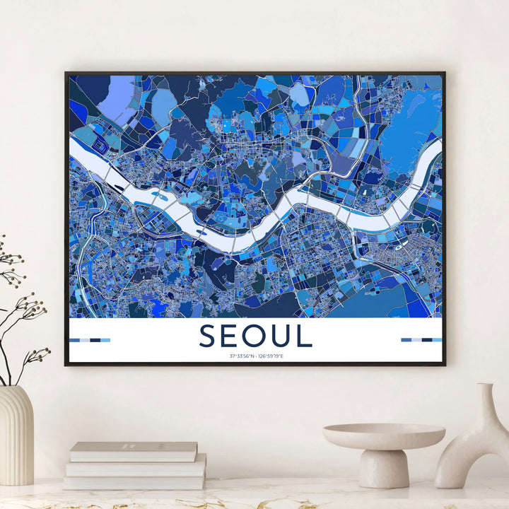 Vibrant sapphire blue street map poster featuring the detailed cartography of Seoul, South Korea, presented by MapYourDreams with versatile choices such as unframed archival paper, sleek picture frames, and stretched canvas options designed to complement contemporary room interiors.