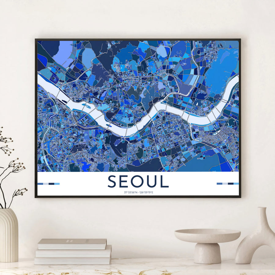 Vibrant sapphire blue street map poster featuring the detailed cartography of Seoul, South Korea, presented by MapYourDreams with versatile choices such as unframed archival paper, sleek picture frames, and stretched canvas options designed to complement contemporary room interiors.