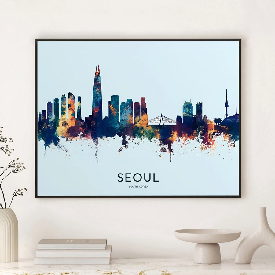 Colorful blue and orange watercolor travel poster featuring the full urban skyline and Han River bridges of Seoul South Korea, presented by MapYourDreams with versatile choices such as unframed archival paper, sleek picture frames, and stretched canvas options designed to complement modern interiors.