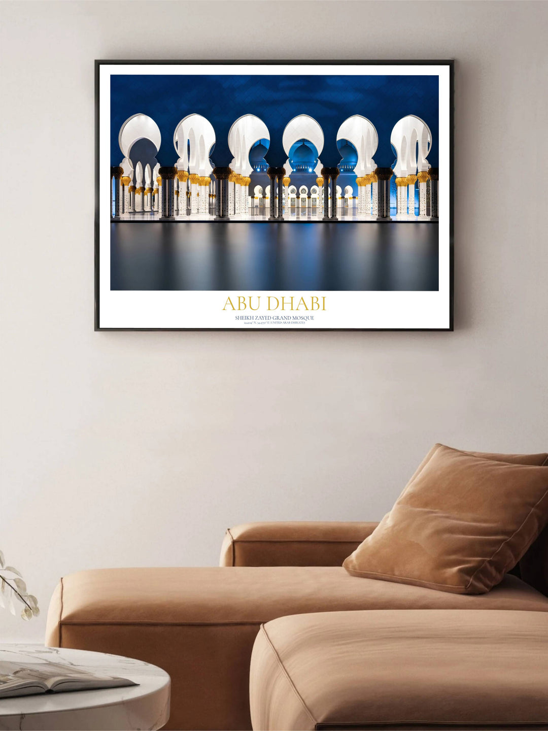Detailed architecture photography poster of Abu Dhabi Sheikh Zayed Grand Mosque archways. Offered by MapYourDreams, this piece comes in flexible choices including unframed matte paper, custom wooden frames, and stretched canvas wraps to enhance living room or entryway wall art decor.