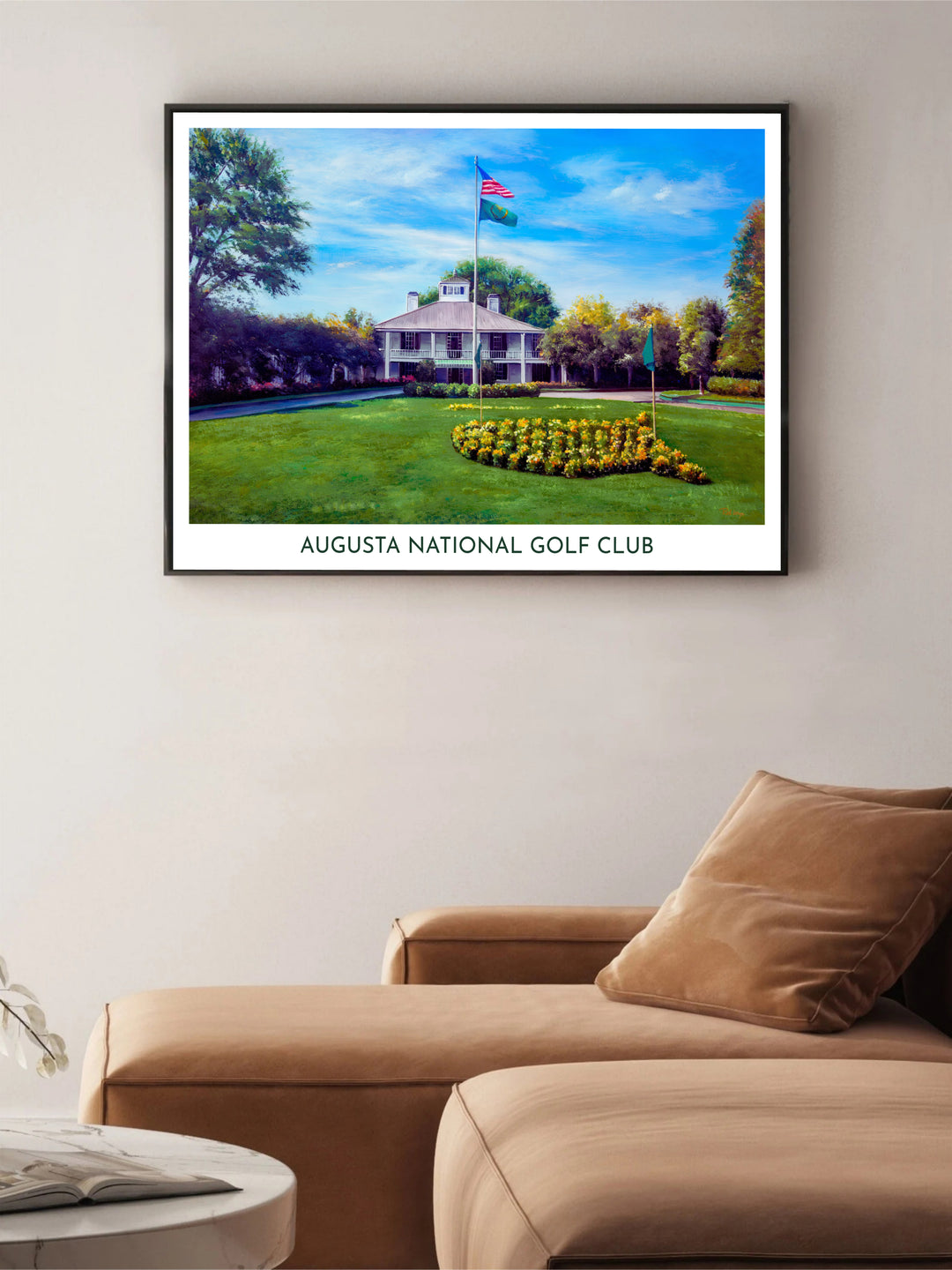A wide-angle Augusta golf travel poster illustration showcasing the historic white plantation clubhouse under bright cerulean blue skies. Offered by MapYourDreams, this artwork is available in flexible options including unframed paper, custom wooden frames, and gallery canvas wraps for tailored home wall decor setups.