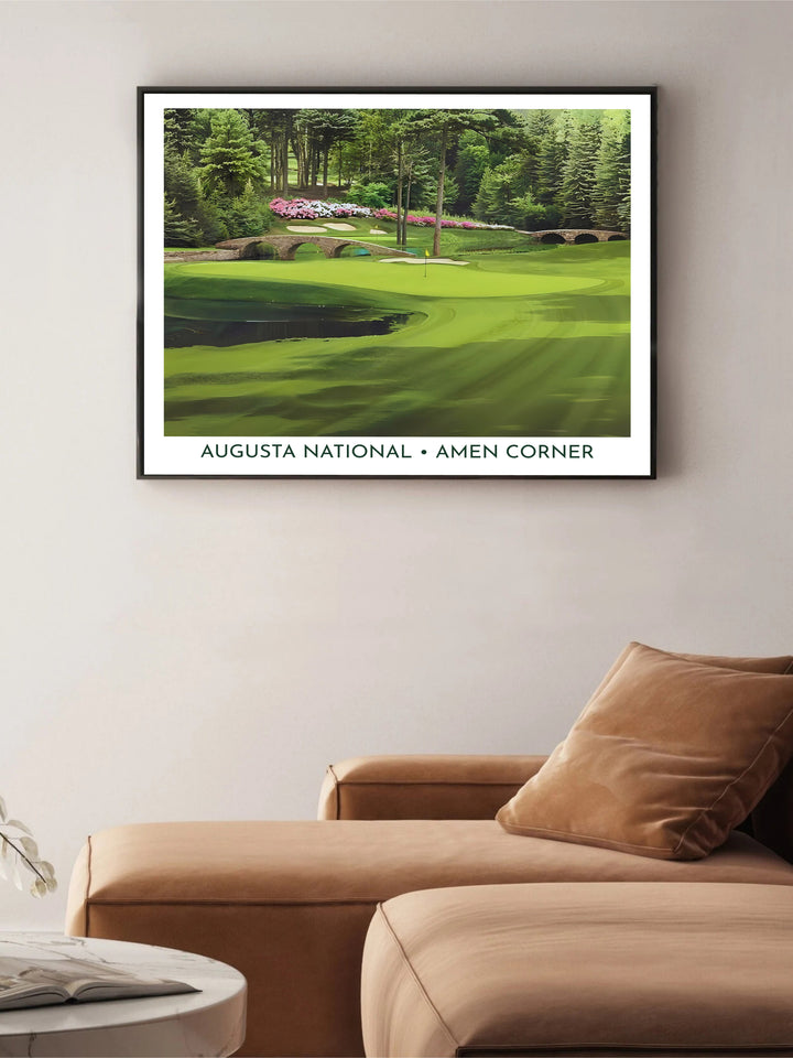 Golden Bell 12th green golf photo print capturing the iconic landscape of Augusta Georgia with clean white bottom border typography reading Augusta National Amen Corner. Offered by MapYourDreams, this artwork is available in flexible options including unframed paper, custom wooden frames, and gallery canvas wraps for tailored home wall decor setups.