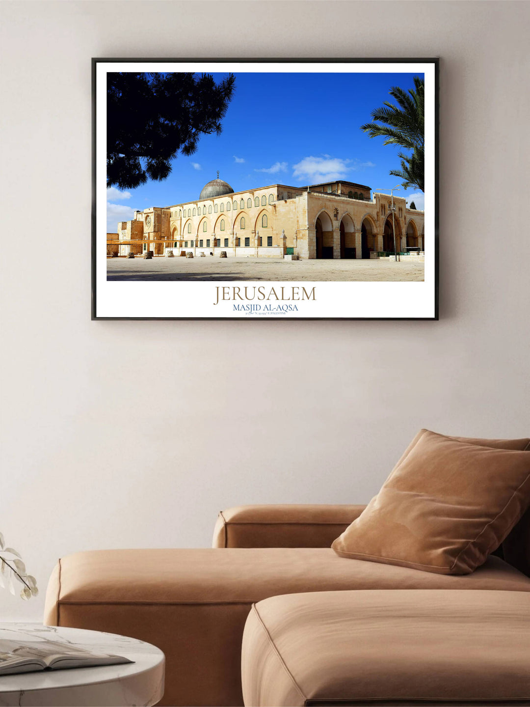 Classical Islamic architecture photography poster featuring Al Aqsa Mosque in Jerusalem with latitude and longitude coordinates. Supplied by MapYourDreams, this artwork is available in flexible options including unframed paper, custom wooden frames, and gallery canvas wraps for stylish decor.