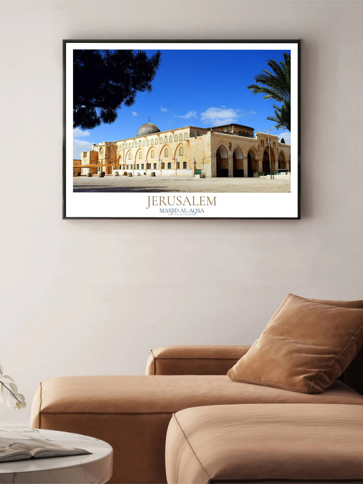 Classical Islamic architecture photography poster featuring Al Aqsa Mosque in Jerusalem with latitude and longitude coordinates. Supplied by MapYourDreams, this artwork is available in flexible options including unframed paper, custom wooden frames, and gallery canvas wraps for stylish decor.