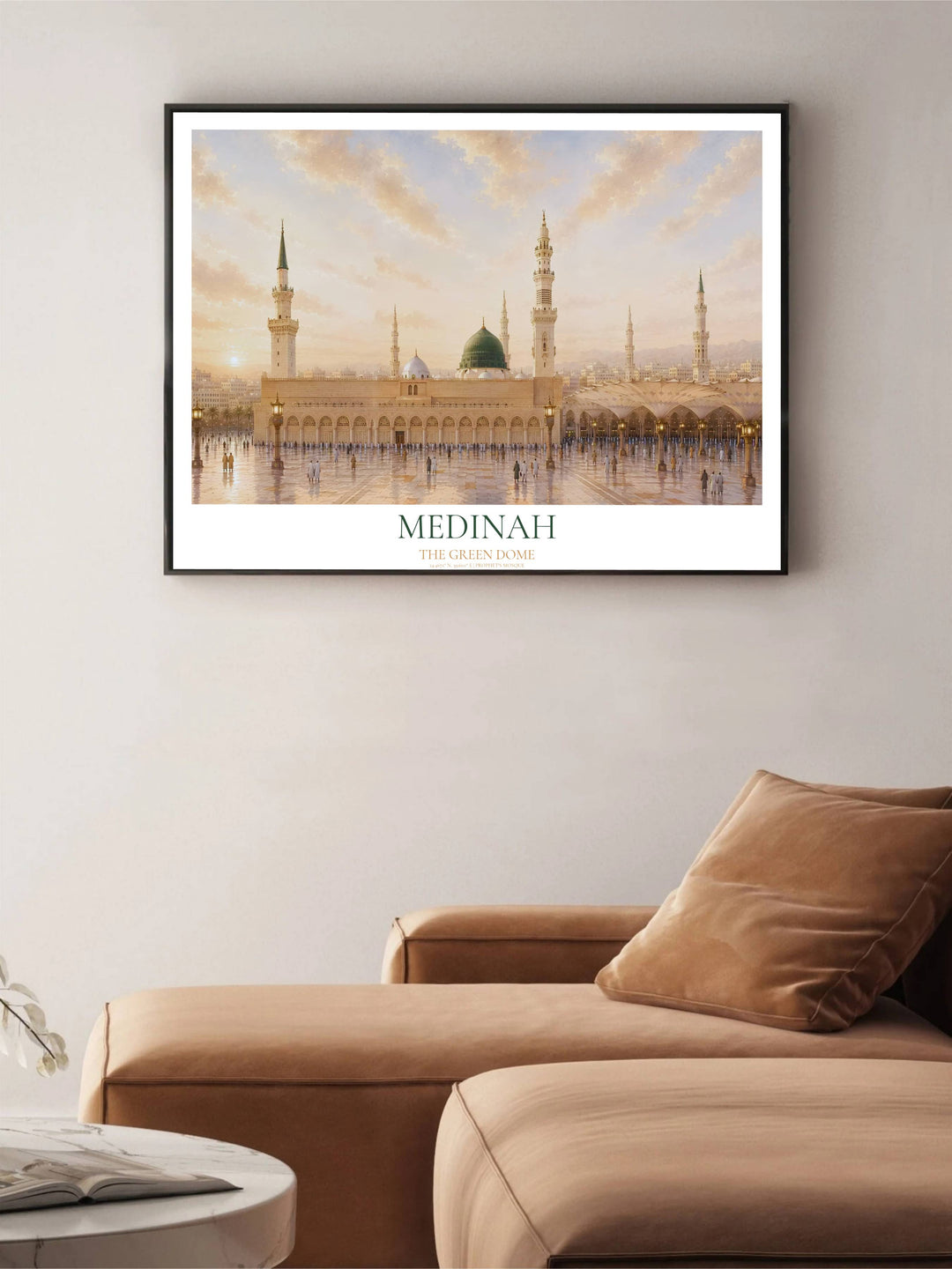 Fine art sunrise photography print of Madinah Prophet Mosque printed on premium 220gsm professional matte archival paper stock. Distributed by MapYourDreams, this artwork is available in flexible options including unframed paper, custom wooden frames, and gallery canvas wraps for stylish wall decor.