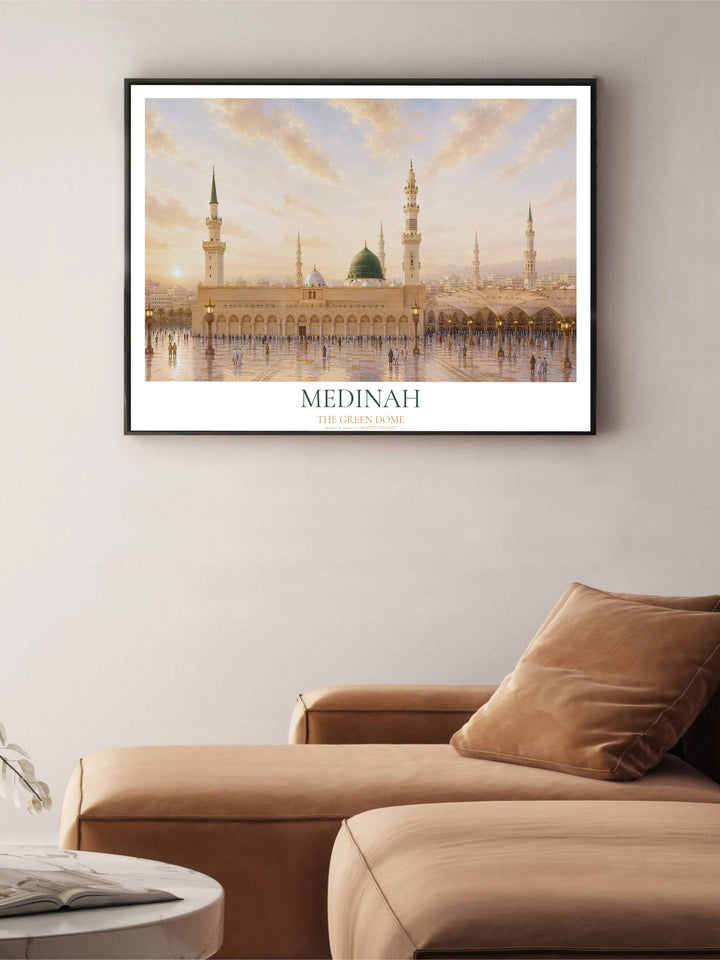 Fine art sunrise photography print of Madinah Prophet Mosque printed on premium 220gsm professional matte archival paper stock. Distributed by MapYourDreams, this artwork is available in flexible options including unframed paper, custom wooden frames, and gallery canvas wraps for stylish wall decor.