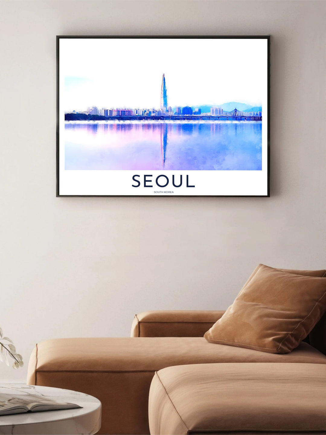 Atmospheric panoramic skyline art print detailing the mirror-like reflections of Seoul South Korea across the water, designed by MapYourDreams in customizable choices including unframed archival paper, metallic gold frames, and canvas wraps that effortlessly suit minimalist decor themes.