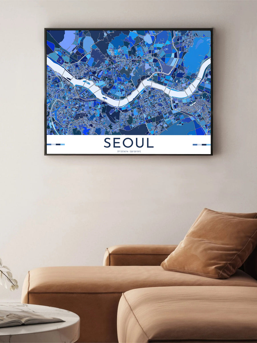 Cobalt blue mosaic city map art print detailing the Han River and city blocks in Seoul, South Korea, designed by MapYourDreams in customizable choices including unframed archival paper, metallic gold frames, and canvas wraps that suit diverse interior design themes.
