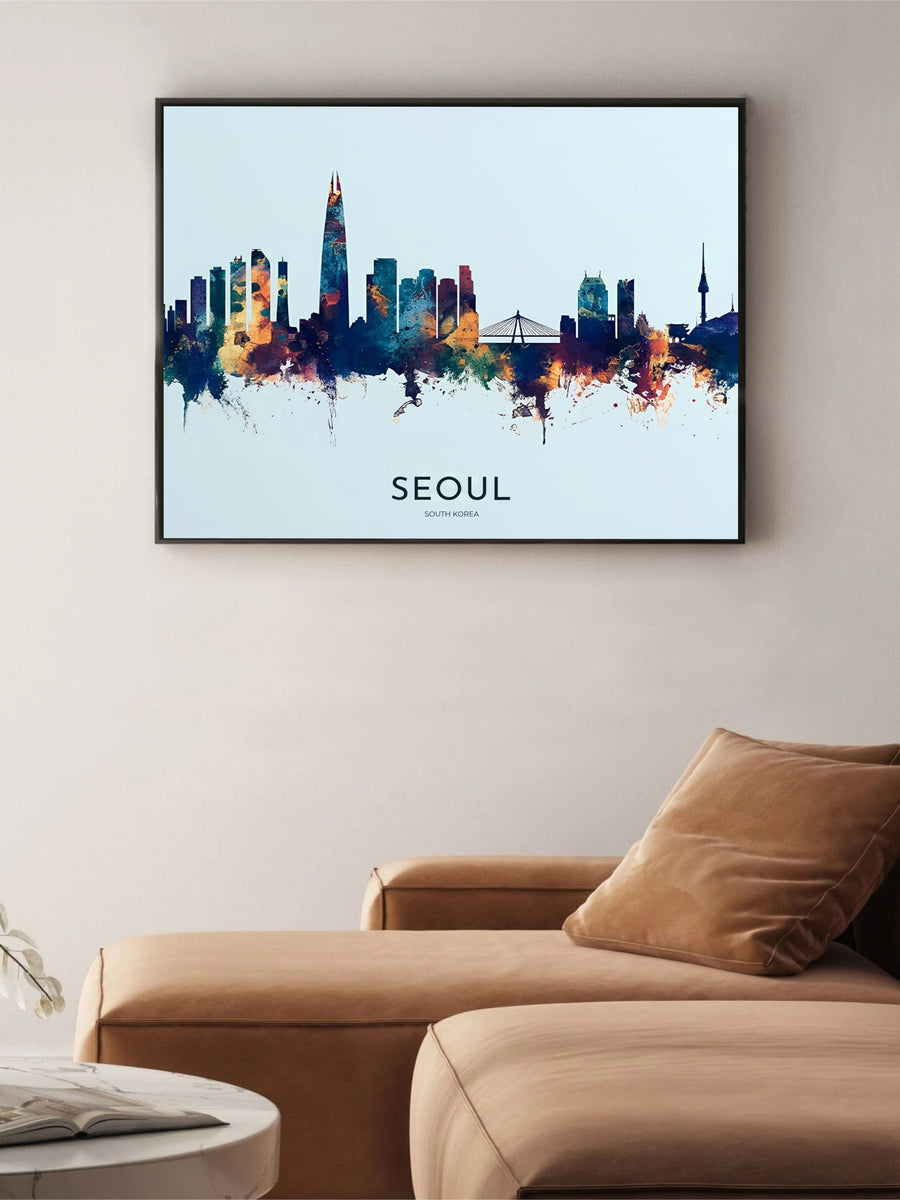 Fine art watercolor travel poster highlighting Lotte World Tower rising above the urban metropolis of Seoul South Korea, available from MapYourDreams in options like unframed paper prints, custom wooden frames, and canvas that add refined artistic beauty to any home gallery wall layout.