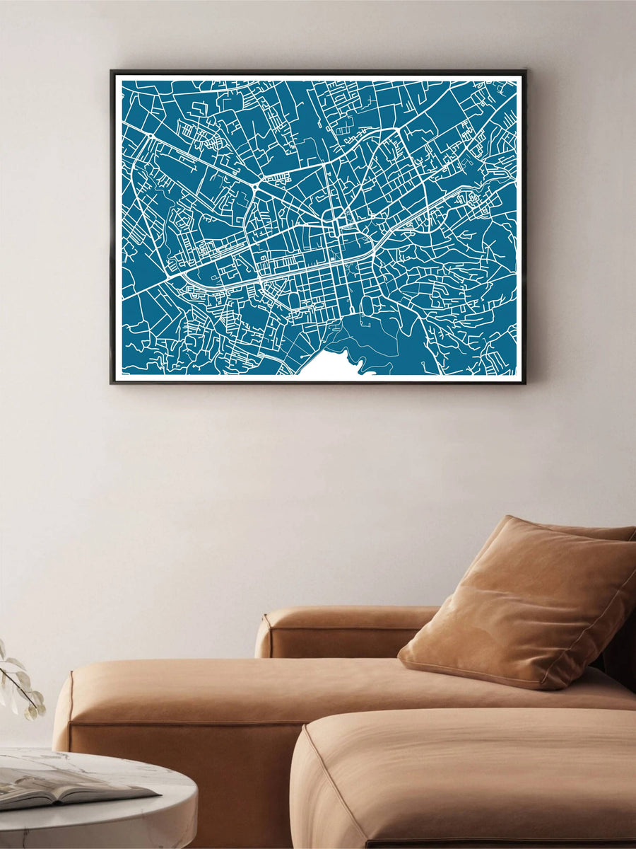 Bring modern cartographic elegance to your wall decor with a minimalist teal and white map of Tirana, designed for clean and contemporary interiors. Flexible purchasing options include unframed matte paper prints, framed presentations, and wrapped canvas formats.
