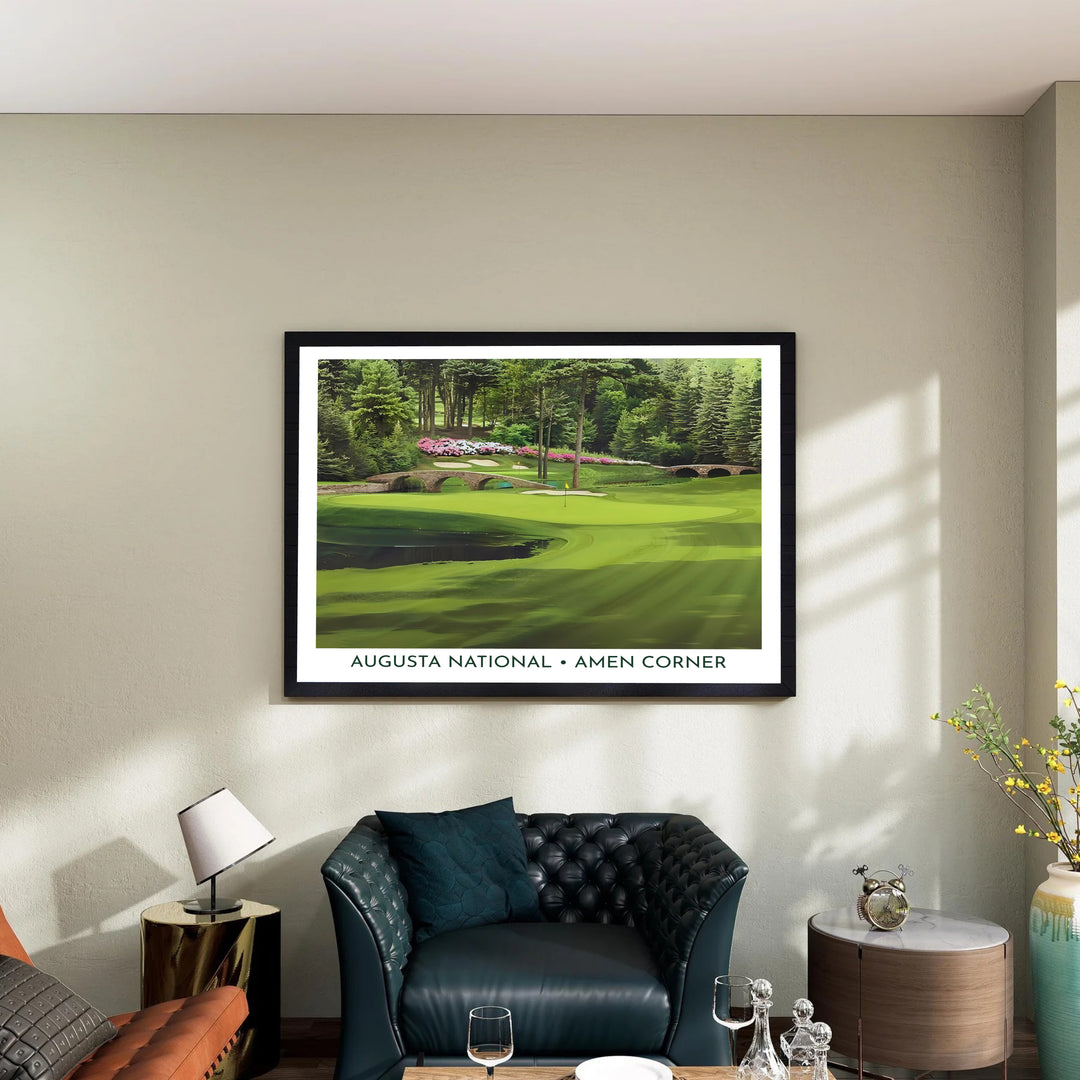 Photorealistic Augusta Georgia golf course poster highlighting the calm water reflections of Rae&