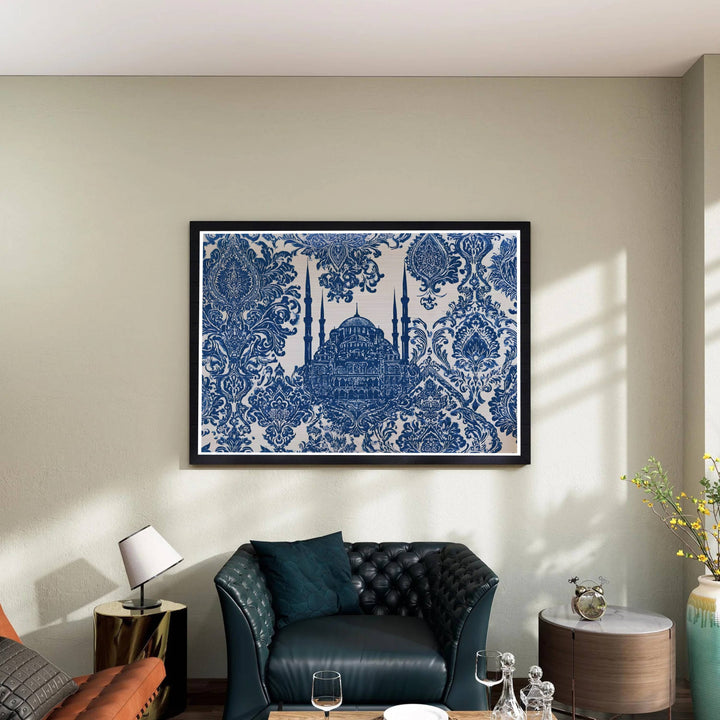 Classical Islamic architecture poster featuring Istanbul Blue Mosque embedded in an elaborate damask design. Supplied by MapYourDreams, this artwork is available in flexible options including unframed paper, custom wooden frames, and gallery canvas wraps for stylish decor.
