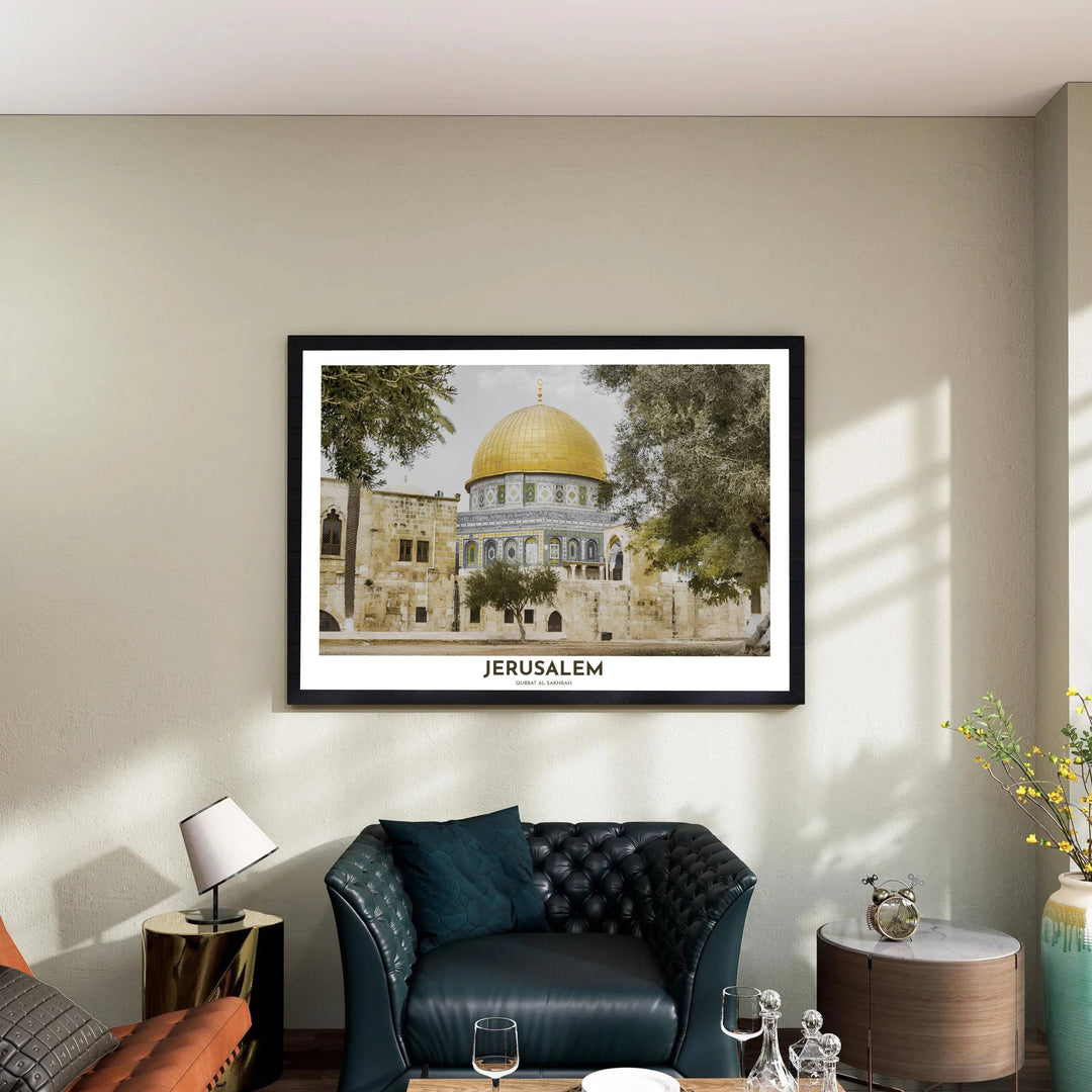 Artistic travel photograph of historic Dome of the Rock in Jerusalem showing golden dome, tiles, and olive branches. Curated by MapYourDreams, this artwork is available in flexible options including unframed paper, custom wooden frames, and gallery canvas wraps tailored for interior design.
