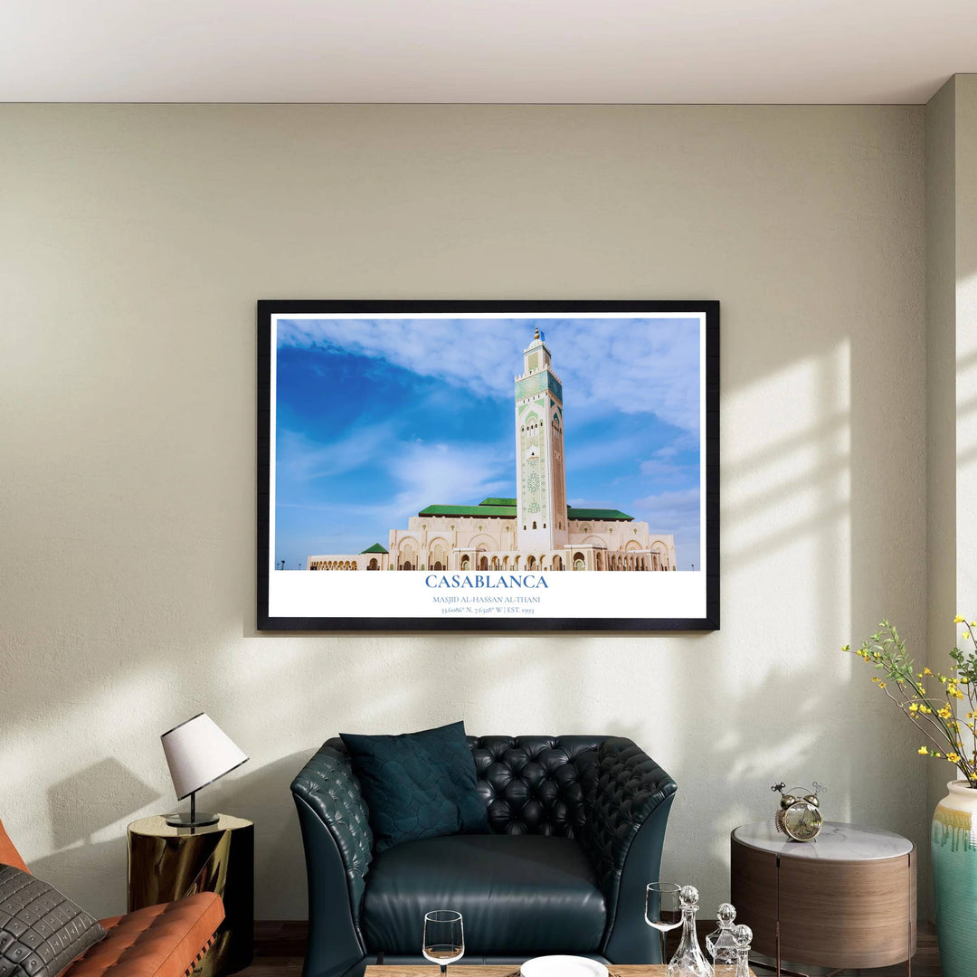 Vibrant azure sky photography print of the iconic Hassan II Mosque in Casablanca showing green roof tiles and stone arches. Designed by MapYourDreams, this artwork is available in flexible options including unframed paper, custom wooden frames, and gallery canvas wraps for home wall art.