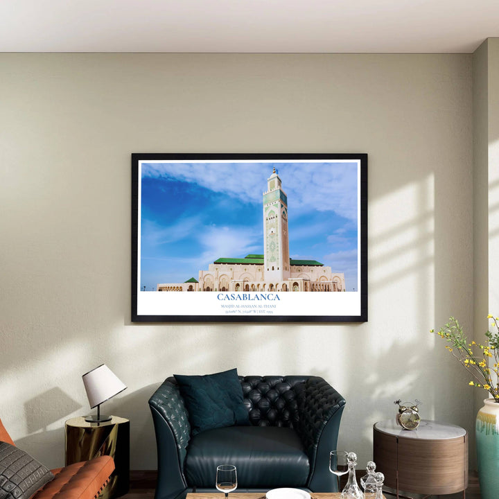 Vibrant azure sky photography print of the iconic Hassan II Mosque in Casablanca showing green roof tiles and stone arches. Designed by MapYourDreams, this artwork is available in flexible options including unframed paper, custom wooden frames, and gallery canvas wraps for home wall art.